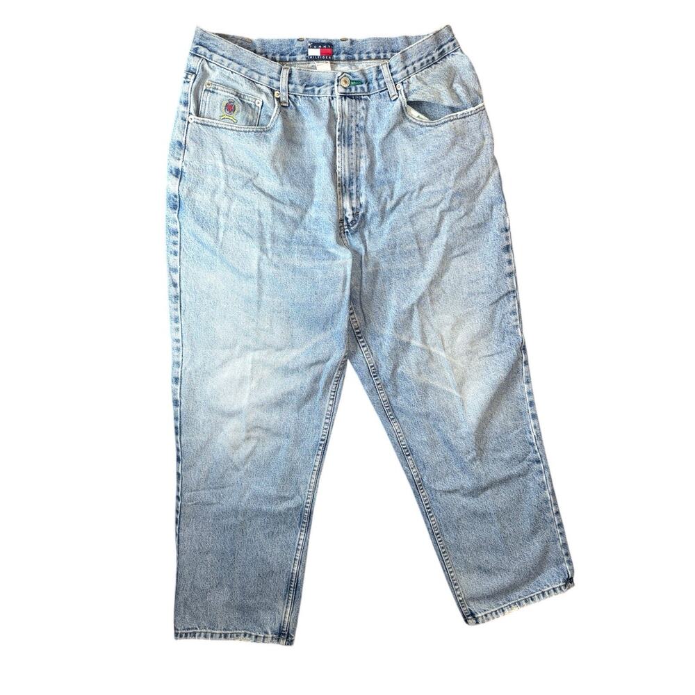 Vintage 90s Tommy Hilfiger Blue Jeans Mens Baggy 36 x 30 Flag Logo Spellout